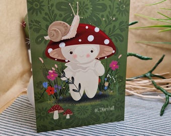 Postal de caracol y seta – Papelería estilo cottagecore, arte de bosque