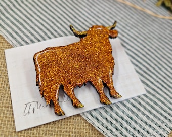 Handmade Highland Cow Brooch | Glitter Wooden Highland Coo Pin | Scottish Statement Brooch | Folk Art Jewellery | Scotland Gift