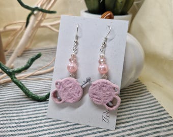 Crochet Earrings: Pink Yarn Ball, Salvaged Beads, Handmade Jewelry
