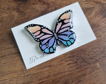 Wooden illustrated butterfly rainbow brooch