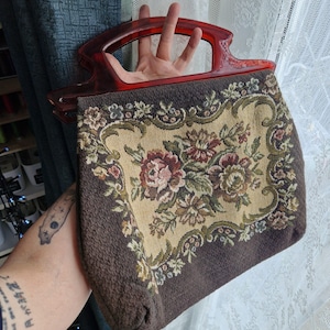 Vintage Tapestry Purse with Lucite Handle | Romantic Floral Carpet Bag | Cottagecore Dream Handbag