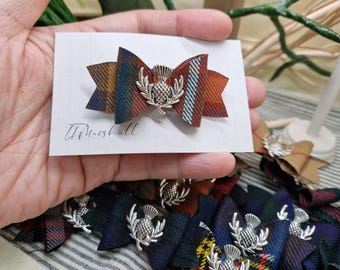 Handmade Tartan Thistle Bow Brooch – Scottish Pin Accessory