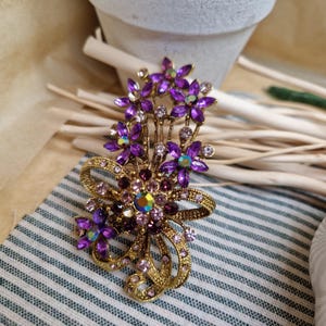 Restored Vintage Purple Rhinestone Brooch: Gold Tone Floral Pin