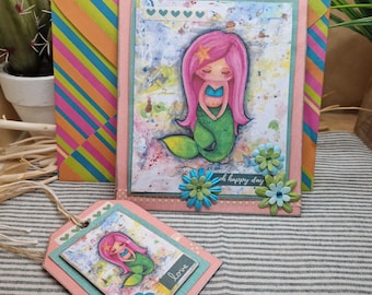 Handmade Mermaid Card and Gift Tag Set: Watercolor Design, Eco-Friendly