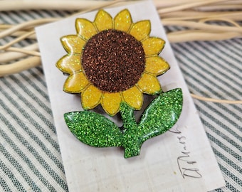 Handmade Sunflower Brooch | Glitter Wooden Sunflower Pin | Cottagecore Floral Brooch | Folk Art Statement Jewellery | Garden Gift
