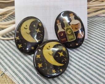 Moon & Potion Wooden Brooch | Witchy Cottagecore Brooch | Handmade Resin Art Pin | Pagan Gift