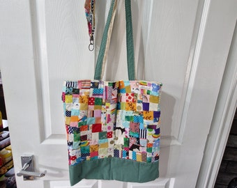 Scrap Patchwork Tote Bag and Matching Wristlet | Upcycled Fabric Tote Set