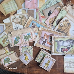 Kit pronto all'uso per il Junk Journaling "Animali grunge vintage" - Biglietti, etichette, libri, buste, effimeri