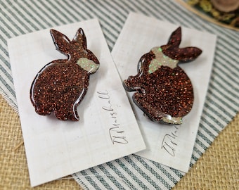 Handmade Woodland Rabbit Brooch | Glitter Wooden Bunny Pin | Cottagecore Animal Brooch | Folk Art Jewellery | Choose Your Design