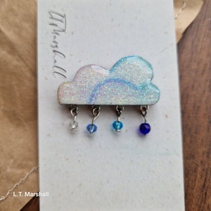 Wood & Resin cloud and raindrop brooch