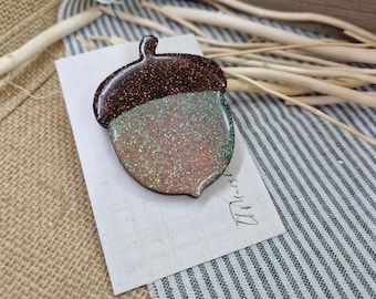 Handmade Acorn Brooch | Glitter Wooden Acorn Pin | Woodland Cottagecore Brooch | Folk Art Statement Jewellery | Nature Gift