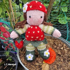 Op de afbeelding: Een gebreide aardbeienpop met een rood-wit gestreepte jurk, groene bladeren en een witte bloem op haar hoed. De pop zit in een pot met aarde.
