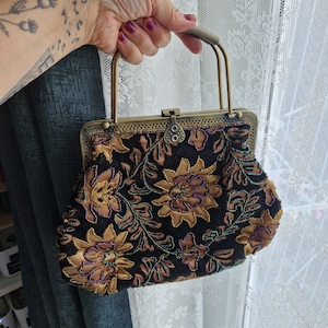 Vintage Beaded Floral Evening Bag | Art Deco Inspired Glamour | Gold & Black Embroidered Clutch