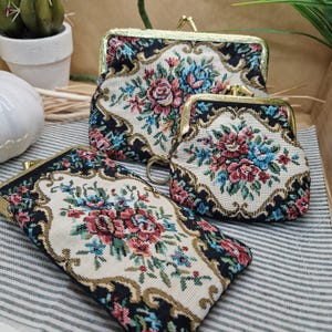 Vintage Floral Tapestry Coin Purse | Retro Clasp Pouch | Boho Rose Kiss Lock Bag | 80s Needlepoint Wallet | Small Gift for Her