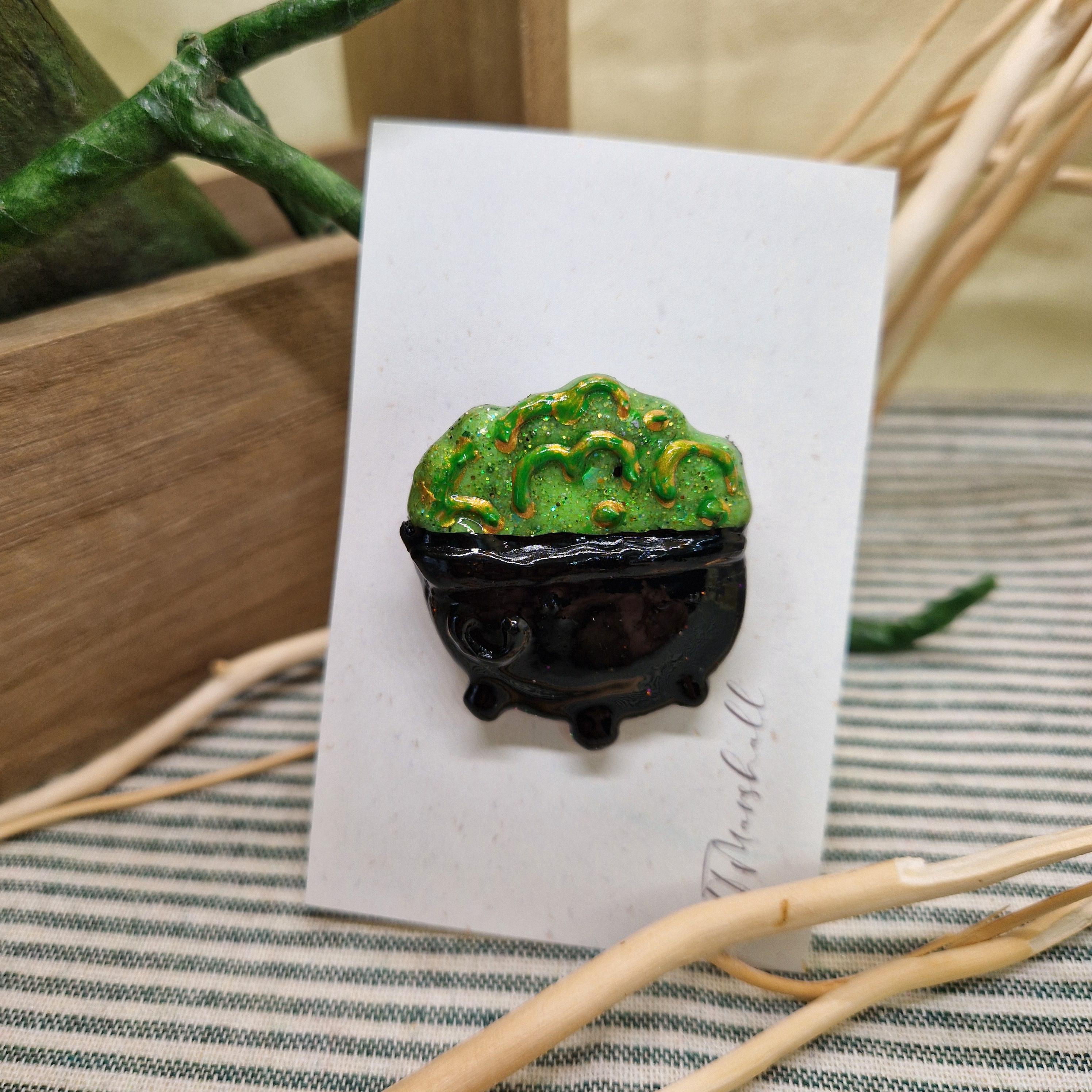 Cauldron Brooch | Handmade Wood & Resin Pin | Witchy Potion Accessory