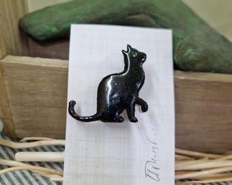 Handmade Black Cat Brooch | Glitter Wooden Cat Pin | Witchy Gothic Brooch | Halloween Jewellery | Cat Lover Gift