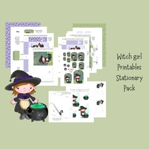 May include: Printable stationery pack featuring a witch girl with a cauldron and green potion. Includes gift tags, envelopes, and lined paper. Witch girl printables stationary pack.