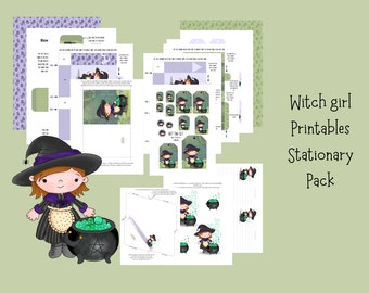 Sweet witch girl printables - Card, envelope, notelets, gift tags, gift box and gift bag. Original art