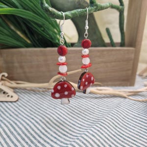 Toadstool Dangle Earrings – Handmade Red Mushroom Jewellery in Resin and Wood