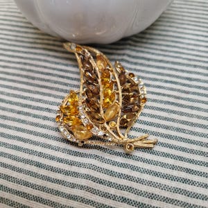 Restored Vintage Rhinestone Brooch: Gold Flame Leaf Pin, 1950s Costume Jewelry