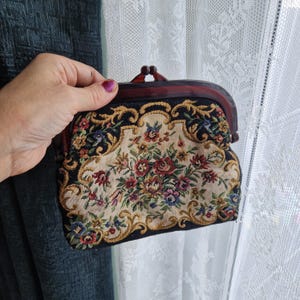 Vintage Floral Tapestry Coin Purse | Retro Clasp Pouch | Boho Rose Kiss Lock Bag | 80s Needlepoint Wallet | Small Gift for Her