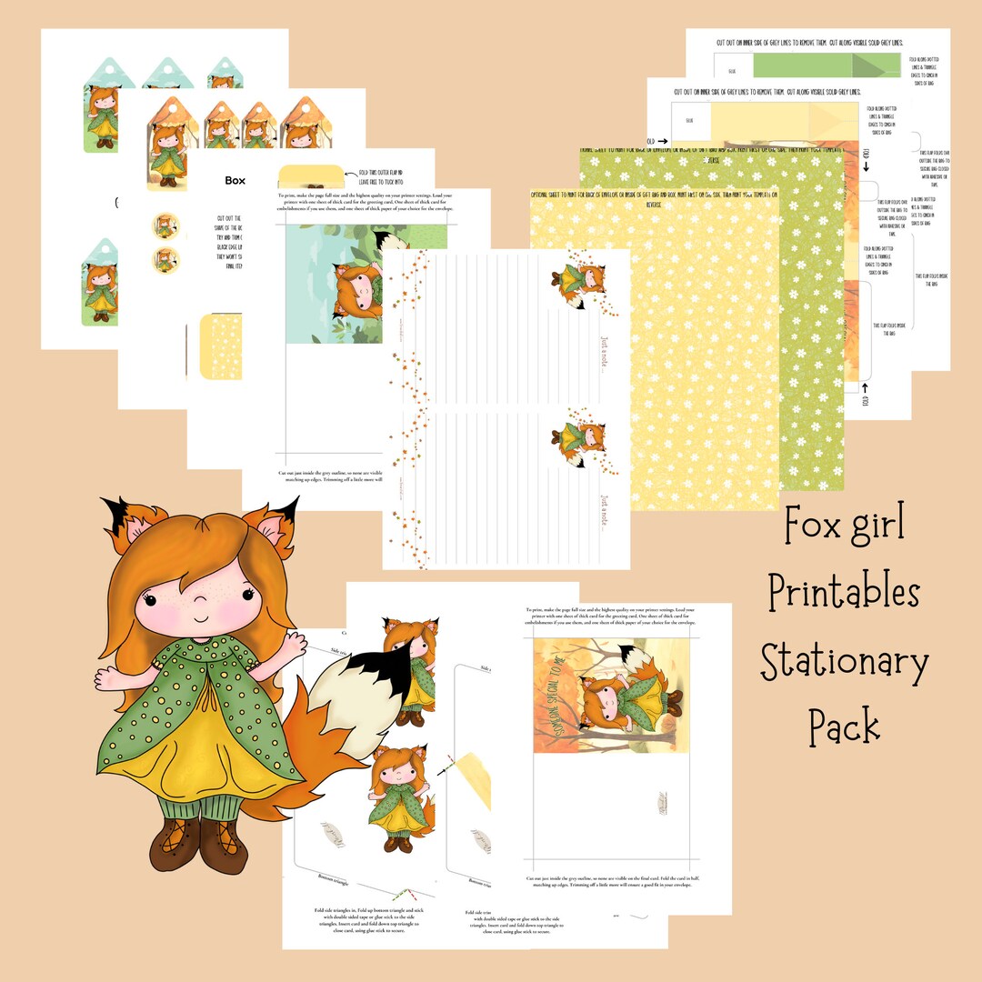 Notelets With Fox Pattern Sweet Fox Girl Printables - Card, Envelope, Notelets, Gift Tags, Gift ...