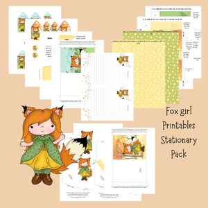May include: Printable stationery pack featuring a fox girl illustration. The pack includes notepaper, envelopes, gift tags, and a box template. The design features a fox girl with orange fur, a green dress, and yellow boots. The background is a yellow and green pattern with white stars.