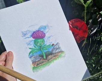 Impresión artística de acuarela de un cardo caprichoso: una linda ilustración botánica