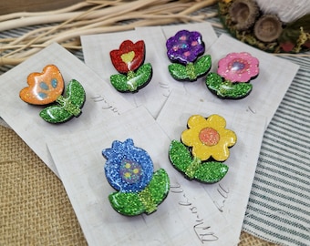 Handmade Folk Art Flower Brooch | Wooden Floral Pin | Cottagecore Glitter Brooch | Botanical Statement Jewellery | Choose Your Design