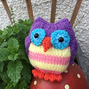 Peut inclure: Un jouet hibou en tricot avec des rayures violettes, roses, jaunes et orange. Le hibou est assis sur un champignon rouge à pois blancs.