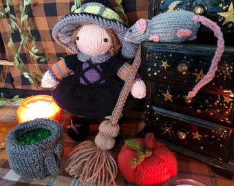 Witch Doll Playset Knitting Pattern – Flat-Knit Witch, Rat, Broom, Cauldron & Pumpkin PDF