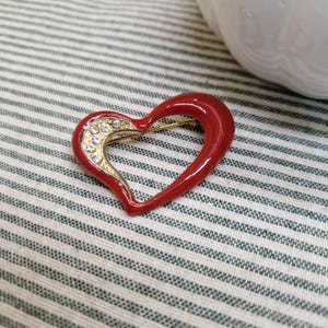 Restored Red Enamel Heart Brooch: Upcycled Rhinestone Gold Tone Pin