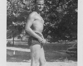 Male Vintage Snapshot Bathing Beauty, Man Posing in Bathing Suit, 1950s Burgers Lake Photo