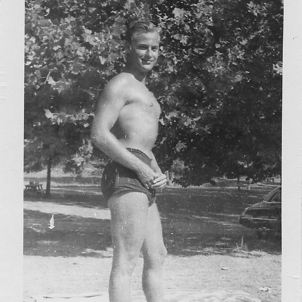 Male Vintage Snapshot Bathing Beauty, Man Posing in Bathing Suit, 1950s Burgers Lake Photo