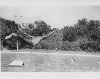 Burgers Lake Ft. Worth Texas, Swan Dive, Lake View, Vintage Snapshot 1950s, Black and White
