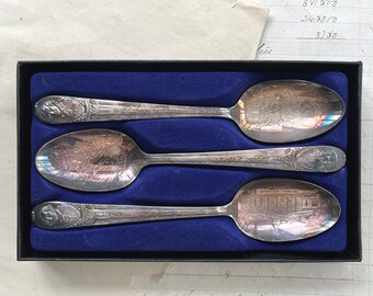 Rogers Presidential Collector Spoon Set of 3, Washington Jefferson Adams, Silver Plate