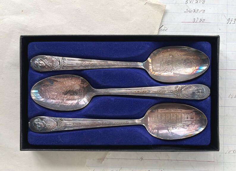 Rogers Presidential Collector Spoon Set of 3, Washington Jefferson Adams, Silver Plate image 1