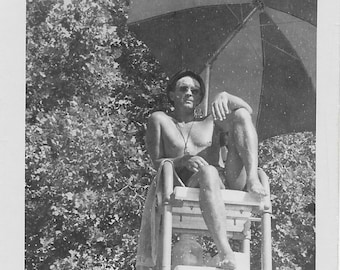 Cool Lifeguard with Umbrella and Sunglasses, 1950s-1960s Burgers Lake Photo,