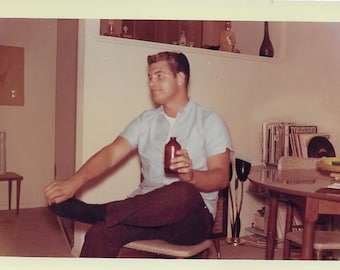 1960s Snapshot, Guy Drinking a Stubby Bottle Beer, Record Albums, Mid Century Furniture