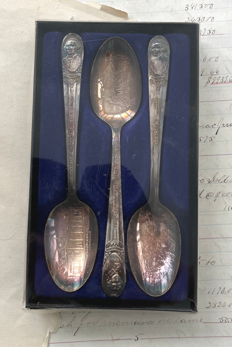 Rogers Presidential Collector Spoon Set of 3, Washington Jefferson Adams, Silver Plate image 6