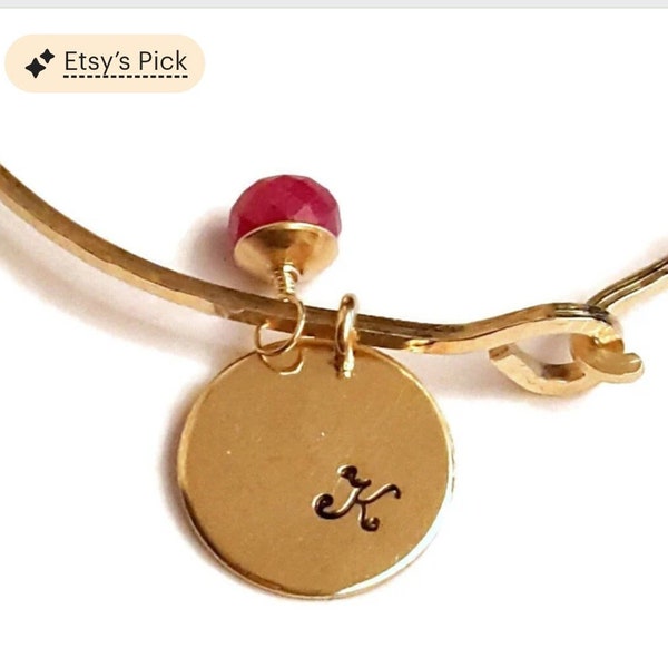 Ruby Initial Charm Bracelet - Handmade 14k Gold Filled Personalized Bangle