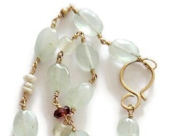 Multi Gemstone Necklace - Aquamarine Pearls Garnet - Rosary Necklace