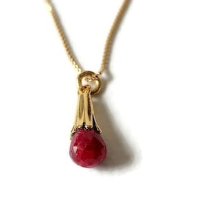 Ruby Drop Pendant - 18 Inch Long Chain Necklace - 14k Gold Filled Necklace