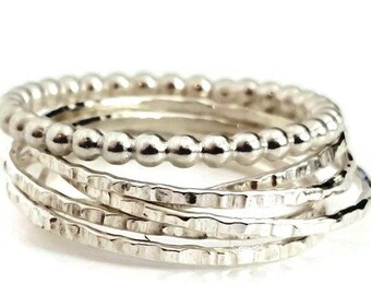 Interlocking & Beads Rings Set - Silver Stacking Rings - Anniversary Rings