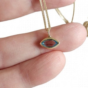 Blue Topaz Eye Charm Necklace - 14k Gold Wheat Chain 16&quot; Long