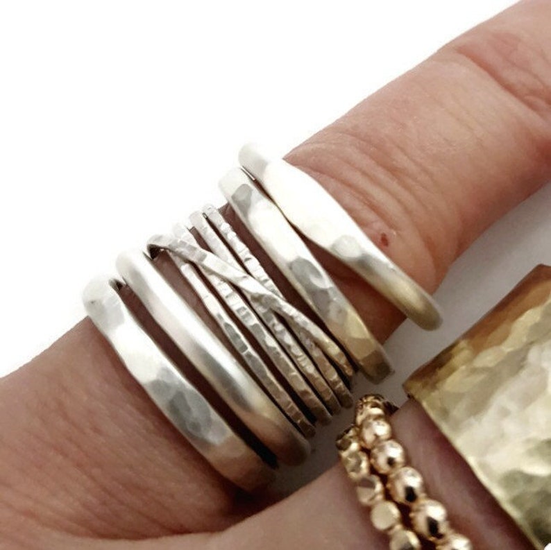 Satin Rings Set Silver Stacking Rings Modern Rings Handmade Rings image 1