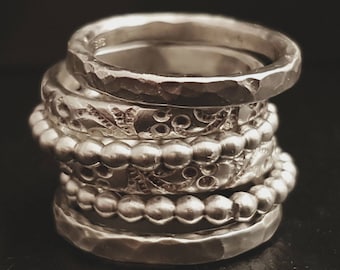 Flowers & Beads Rings by VenexiaJewelry • Stacking Rings • 925 Silver Rings • Six Rings Set • Handmade Rings