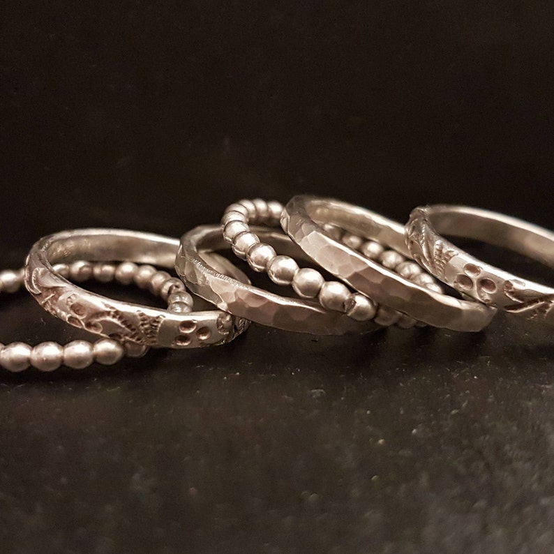 Floral Hammered Bubbles Rings Set of Six Rings 925 Silver Rings