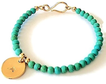 Turquoise Initial Bracelet - Personalized Initial Charm - Handmade Bracelet