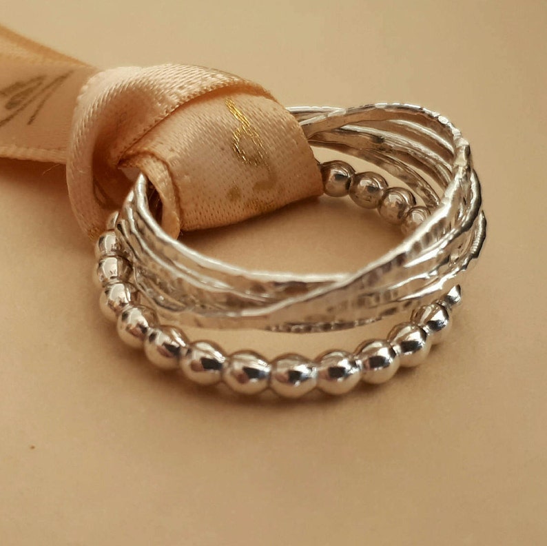 Interlocking & Beads Rings Set Silver Stacking Rings Anniversary Rings image 2